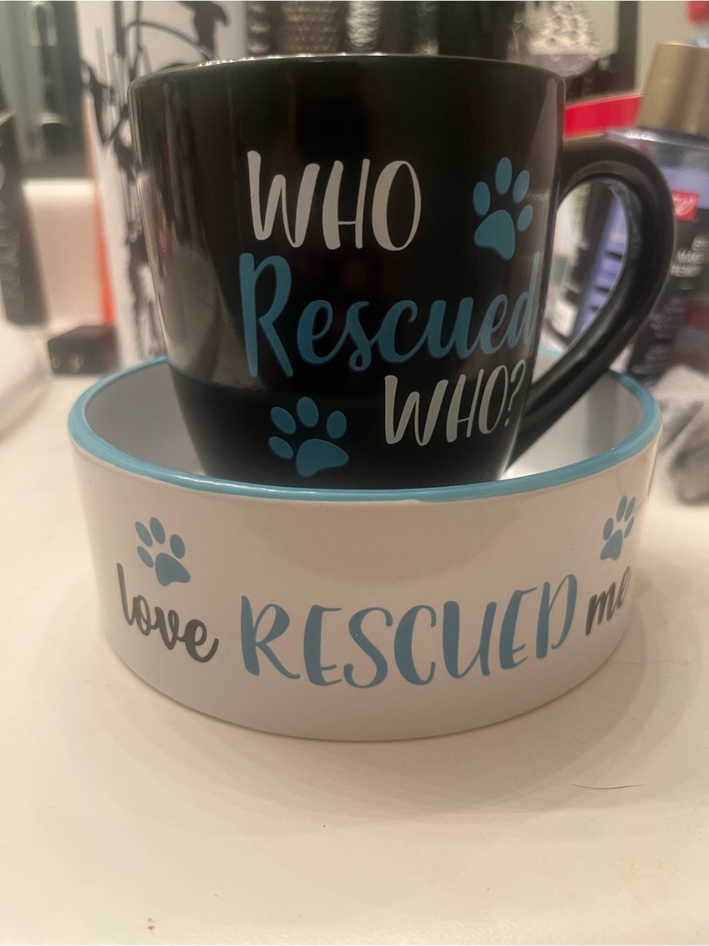 Rescued Pet Mug & Bowl Set in Black and Blue